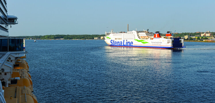 Panoramic of Kiel harbor with the Stena Germanica ferry, of the Swedish shipping company Stena Line, sailing towards Gothenburg, Sweden. Kiel is the capital of the German state of Schleswig-Holstein.