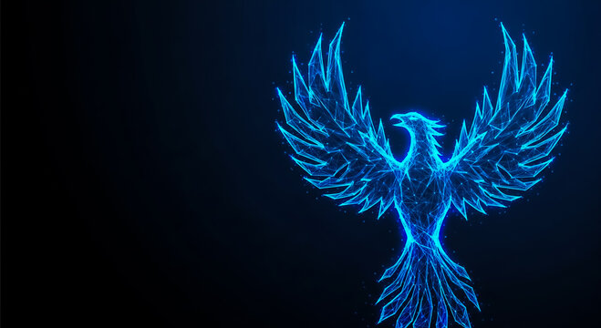 A striking digital illustration of a luminous blue phoenix with outstretched wings, symbolizing rebirth and power against a black backdrop.