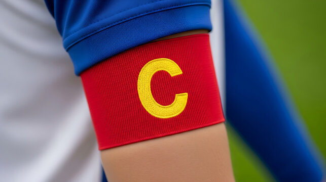 Close-up on a soccer player's arm wearing a red captain's armband with a yellow 'C' emblem, symbolizing leadership and team spirit.