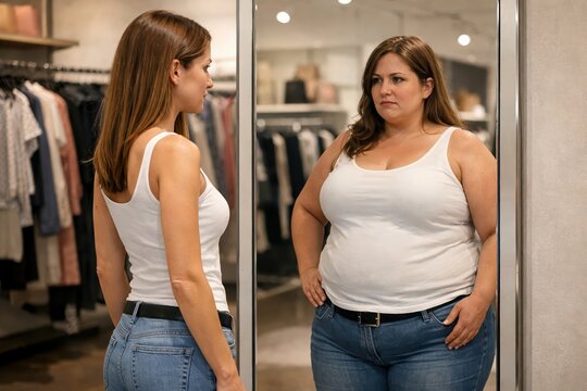 Woman seeing distorted body image reflection in store mirror