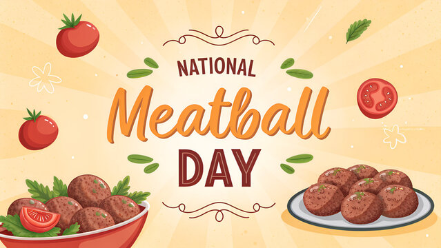 National meatball day poster with meatballs on plate and bowl tomatoes and herbs on yellow background
