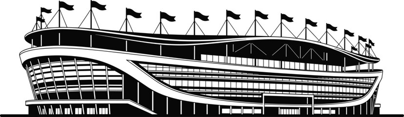 Modern stadium silhouette illustration, large sports arena building, architectural structure for events, grandstand with flags, vector design, isolated on white background © Shirina