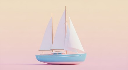 Fototapeta premium Small blue sailboat with white sails on a pink and yellow gradient background sailing watercraft
