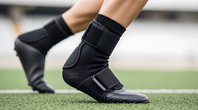 Athlete's ankle brace and cleated shoe in action on a sports field, providing support and protection during athletic performance.