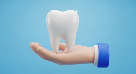 A pristine white tooth rests on a gentle open palm against a bright blue background dental care