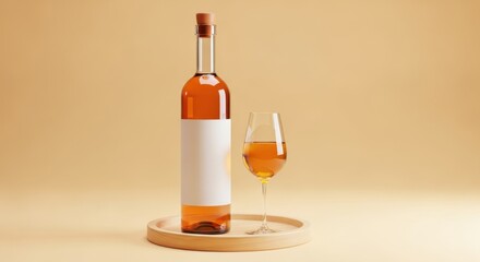 Amber liquid in clear glass bottle and wine glass on wooden tray cork stopper