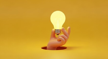 Bright yellow light bulb held by a hand emerging from a yellow hole idea concept