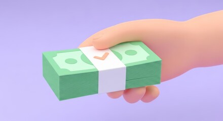 Cartoon hand holding a stack of green banknotes with a white band and orange checkmark money