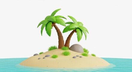 Cartoon island with two palm trees and blue ocean water tropical beach