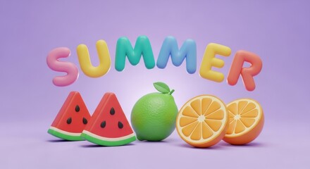 Colorful 3D letters spell summer above cartoon watermelon lime and orange slices fruit