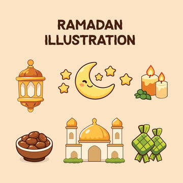 Ramadan illustration set with cute cartoon Islamic elements