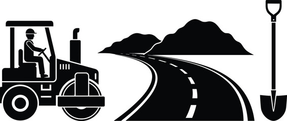 Road construction vector illustration, asphalt roller highway landscape and shovel icon infrastructure development concept isolated on background © Shirina