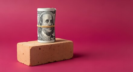 A roll of cash secured with a rubber band on top of a brick