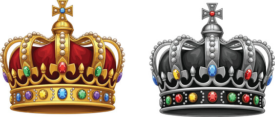 Royal crowns collection with gold and silver jeweled king queen tiara vector illustration isolated on white background © Shirina
