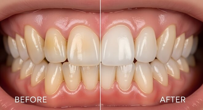 Before and After Teeth Whitening Treatment - Smile Makeover in Dental Clinic - Oral Health Improvement - Bright and Healthy Environment