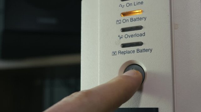 Close-up of a finger pressing the power button on a white UPS unit. Concept of electrical safety, power outage protection, and securing data in a home office or server room.