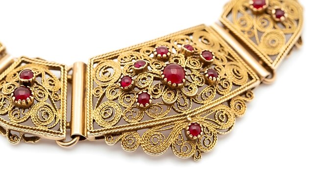 Intricate Gold and Ruby Filigree Necklace, Antique European Style Jewelry