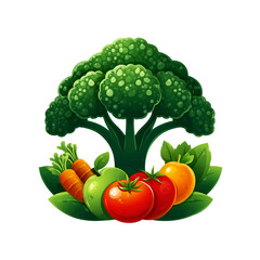 Illustration of fresh vegetables and fruits on a transparent background. The concept of healthy eating and vegetarianism is suitable for logos, packaging, and menus.