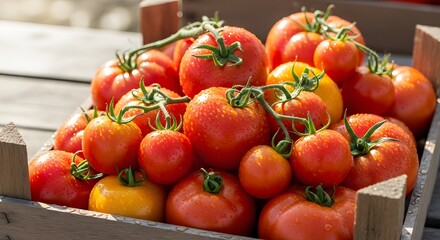 Vibrant Red and Yellow Varieties in a Wooden Crate at a Farmer's Market Showcase