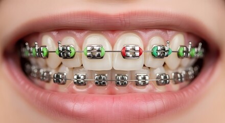 Dental Treatment, Braces, Orthodontics Office, Photo, Close-Up, Healthcare Environment, Smiling Patient with Braces