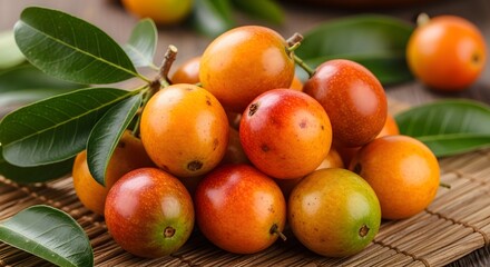 A Colorful Fruit Display on Bamboo Mat in Natural Light