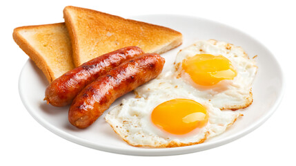 A traditional English breakfast dish: two fried eggs with bright yolks, toasted sausages, and crispy toast on a white plate.