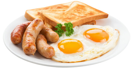 A traditional English breakfast dish: two fried eggs with bright yolks, toasted sausages, and crispy toast on a white plate.