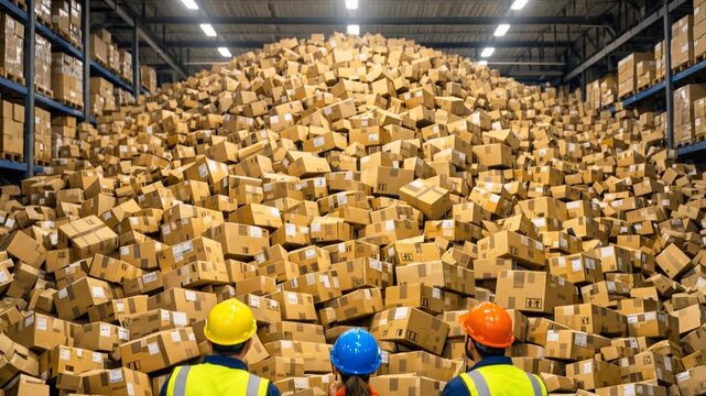Warehouse supervisors looking at enormous mountain of cardboard boxes. Logistics team facing inventory management challenge in distribution center. Tilt up camera movement.