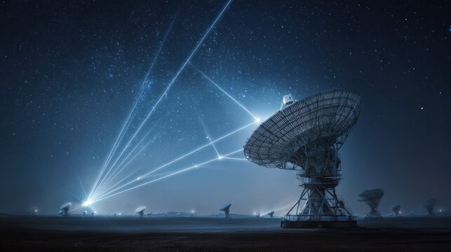 Satellite dish array under a starry night sky with futuristic light beams