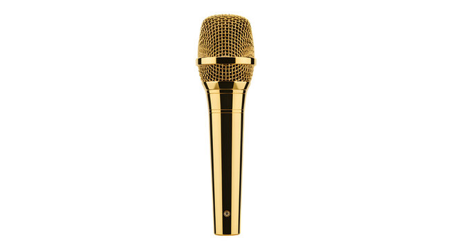 A luxurious gold microphone stands isolated on a stark black background, showcasing its detailed design.