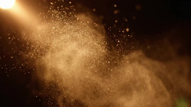 Light and dust particles interact in a dark space at night creating a visual display of floating elements