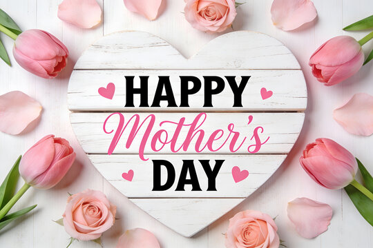 Happy mothers day wooden heart with pink tulips and roses, festive celebration holiday wallpaper