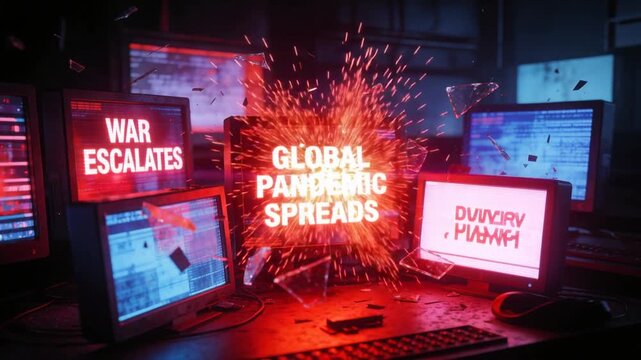 Apocalyptic news headlines displaying global crisis on multiple computer monitors. Panning shot of screens with shattered glass.