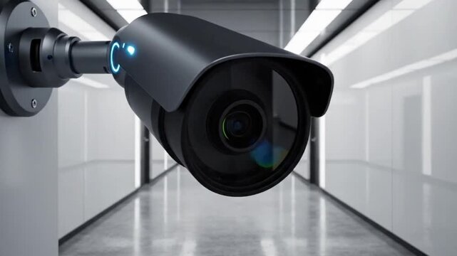 Surveillance camera records activity in a hallway of a modern building during daytime