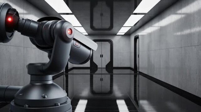 Surveillance camera tracks movement in a modern hallway at night in a high-tech building