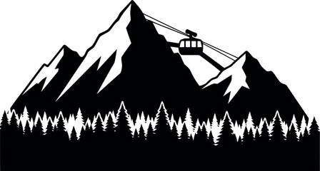 Obraz premium Mountain silhouette with cable car and pine forest vector illustration for outdoor adventure designs