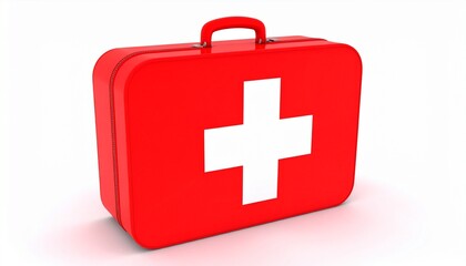 Obraz premium Bright Red Portable First Aid Kit with White Cross Symbol Isolated on a Clean White Background
