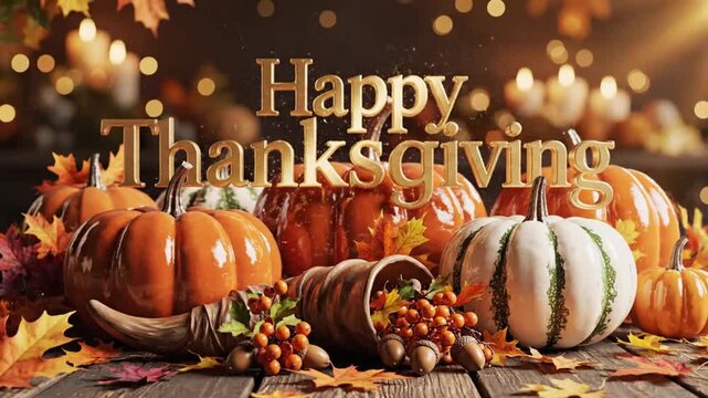 Celebrate Thanksgiving with pumpkins, autumn leaves, and fall decorations in a cozy setting with warm lights