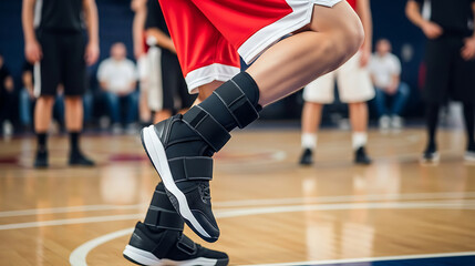 Fototapeta premium Basketball player's legs wearing weighted ankle cuffs during a drill on a wooden court.