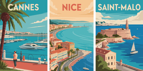 France travel poster, Cannes Nice and Saint-Malo city panels with white capital text vintage style © MOSTAMBIA
