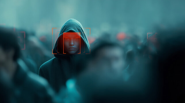 AI face detection interface overlay, shallow depth of field and strong bokeh, central subject in a dark hooded coat sharply separated from the crowd, face area replaced by an inten