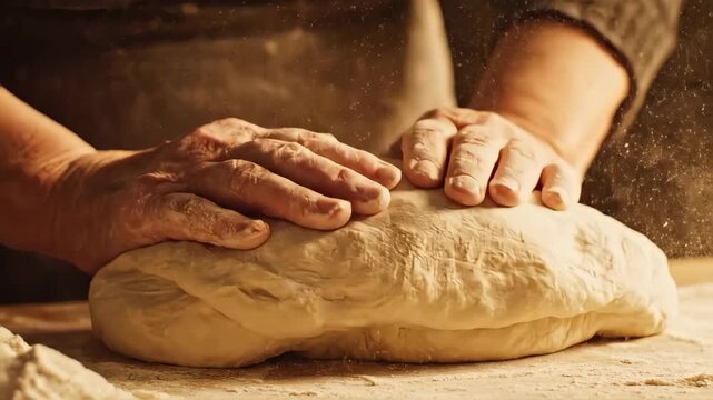 Close-up of elderly hands kneading dough on a wooden table in slow motion. Flour dust floating in warm light during bread preparation. Traditional homemade baking concept