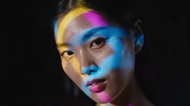 Woman with colorful light patterns on her face during a creative art session in a dark studio