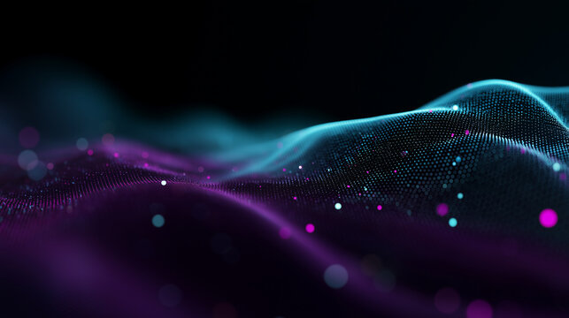 3D render of an abstract big data / DNA network / music soundwave background, wide 16:9 composition, dark deep purple/indigo base with subtle gradient, flowing wave-like ridges mad