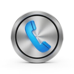 A modern, metallic button with a blue telephone icon in the center. isolated on transparent background