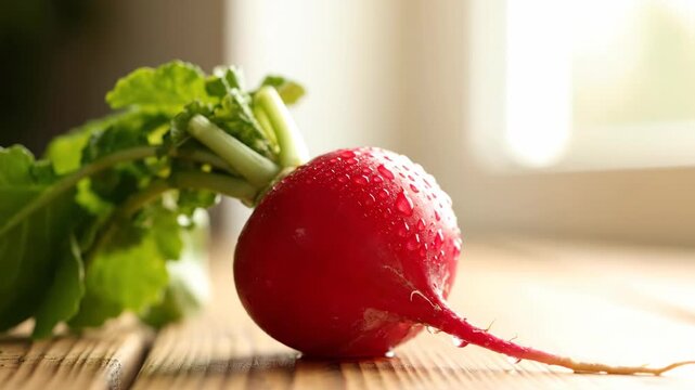 Close-up of fresh red radish with water drops and green leaves on wooden table. Healthy eating and diet concept.