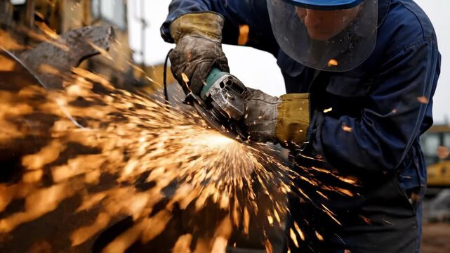 Angle Grinder in use by one person, industrial worker grinding metal with sparks flying, wearing protective gear. Industry worker at work.