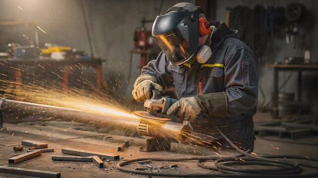 Captivating image showcases a skilled metalworker grinding metal in a workshop, sparks flying, wearing protective gear. Perfect for industrial, safety, and craftsmanship themes. Focus and skill