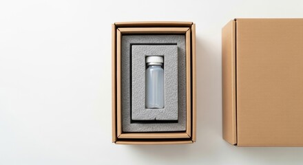 minimalist packaging design with glass bottle inside sustainable cardboard box