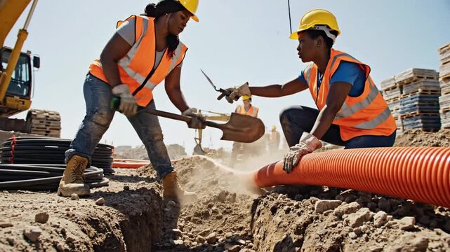 Workers dig trenches for pipe installation at construction site in city during sunny day